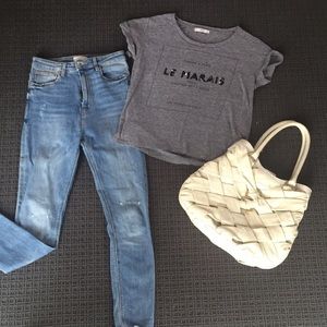 Zara Woman distressed denim high rise ripped hem